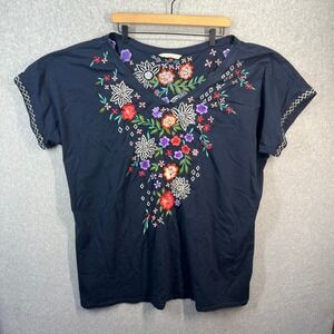 Wayward Fancies eShakti Womens 4X Navy Blue Floral Embroidered V-Neck Knit Top